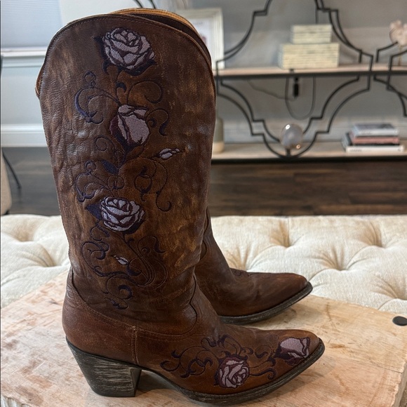 NWOT Old Gringo Women’s 8.5 B Brown Leather Cowboy Boots with Purple Embroidery - Picture 5 of 10